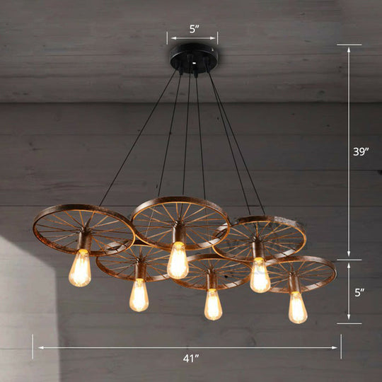 Industrial Rust Metal Chandelier: Wheel Ceiling Pendant Light For Living Room