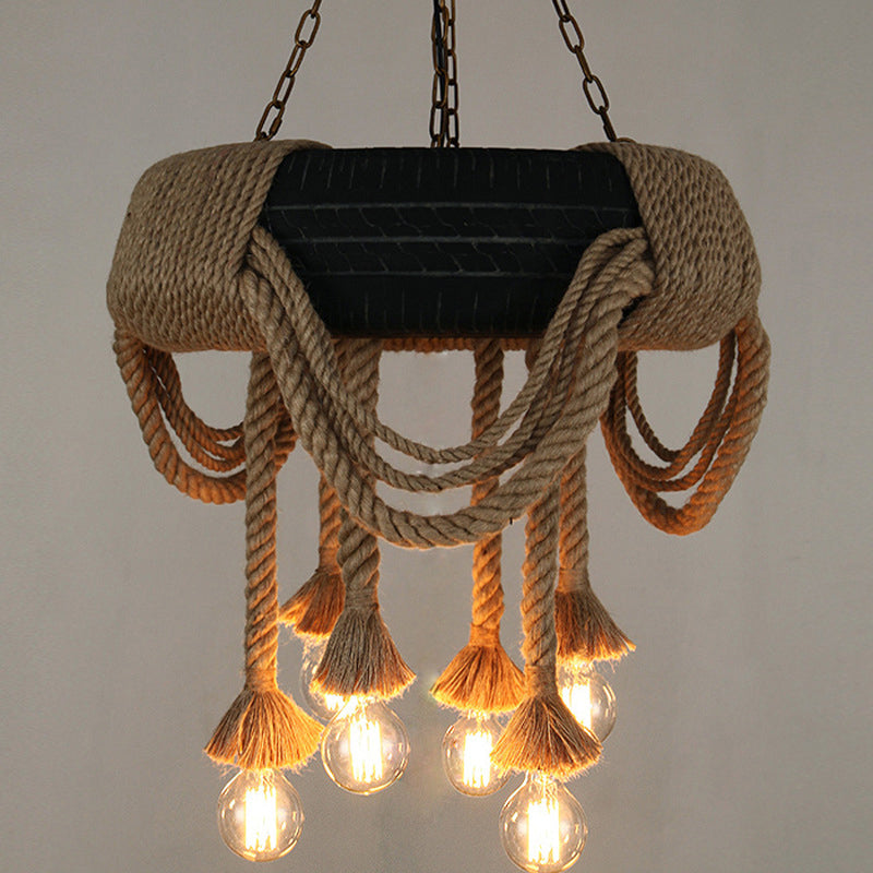 Loft Style Tyre Rope Chandelier With 6 Bare Bulb Pendant Lights