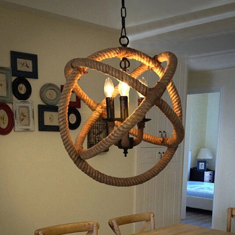 Globe Pendant Chandelier With Hemp Rope Accent - White Orbit Design 3-Bulb Ceiling Light For