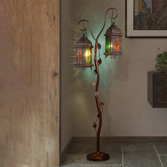 Rustic Lantern Floor Lamp With Ivy Decor - Metal Stand 2 Bulbs Brown Ideal For Living Rooms