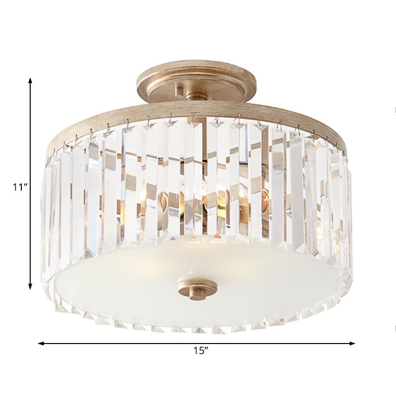 Vintage Crystal Block Ceiling Light With Clear Design - 3 Lights Semi Flush Mount For Bedroom Drum