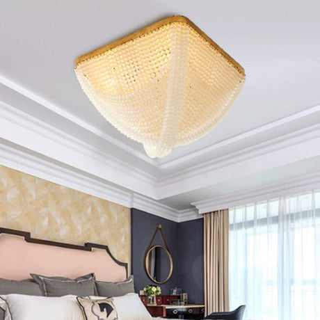 Rustic Bedroom Ceiling Lamp With Crystal Beaded Shade - 4 Light Flush Mount