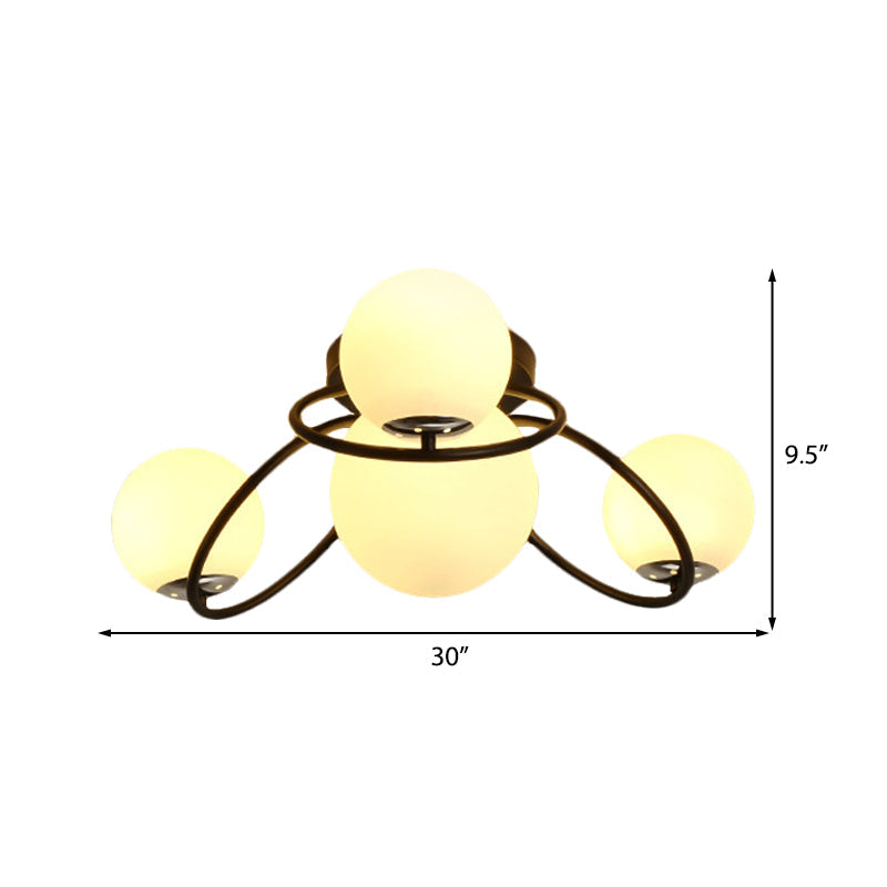 Classic 4-Light Opal Glass Semi-Flush Ceiling Fixture In Black/White For Living Room