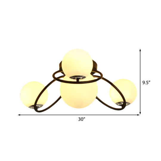 Classic 4-Light Opal Glass Semi-Flush Ceiling Fixture In Black/White For Living Room