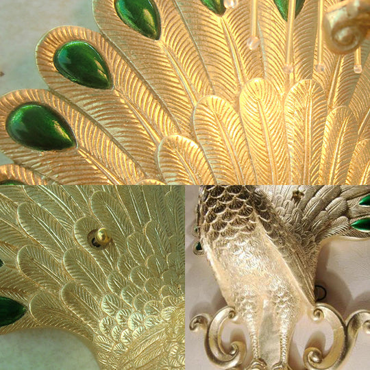 Minimalist White Fabric Wall Sconce With Gold Peacock Decoration - Elegant Living Room Lamp