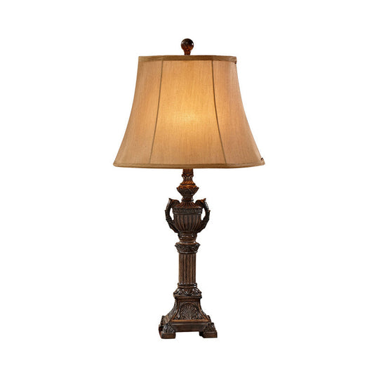 Vintage Resin Bronze Column Table Lamp With Flared Fabric Shade - 1 Light For Living Room Reading