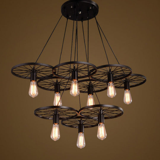 Wagon Wheel Cast Iron Chandelier Pendant Light For Dining Room - Loft Style