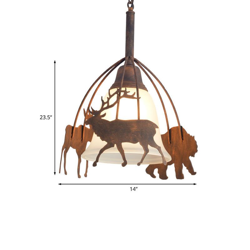 Rustic Bell Pendant Light With Deer Design - Countryside Frosted Glass Hanging Lamp For Restaurants