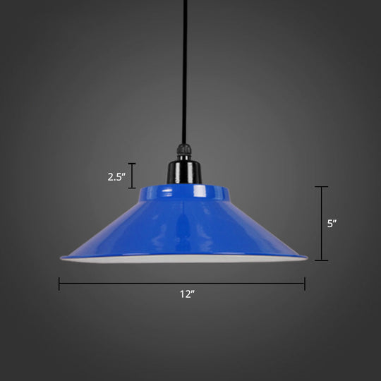 Conical Metal Hanging Light With Rolled Edge - 1-Light Ceiling Suspension Lamp For Loft Décor Blue