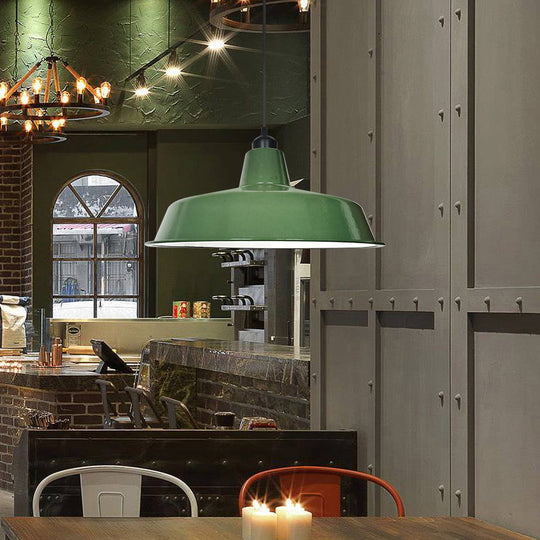 Green Barn Pendant Lamp - Loft Style Metal 1-Bulb Suspension Light For Dining Room