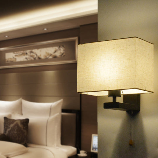 Simple Style Fabric Rectangle Wall Lamp - 1 Bulb Beige Bedside Light Fixture
