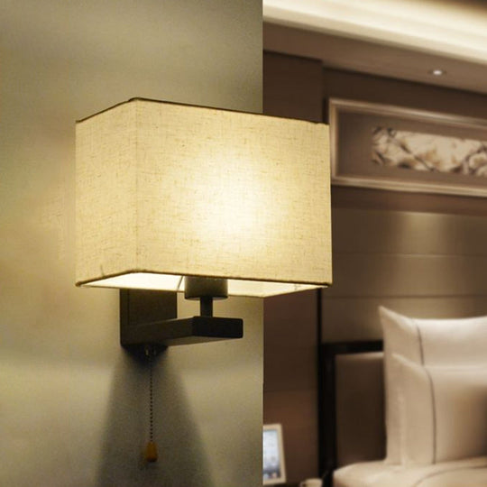 Simple Style Fabric Rectangle Wall Lamp - 1 Bulb Beige Bedside Light Fixture White