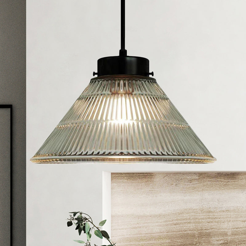 Clear Ribbed Glass Pendant Ceiling Light - Retro Style Tapered Design Ideal For Restaurants 1 Head