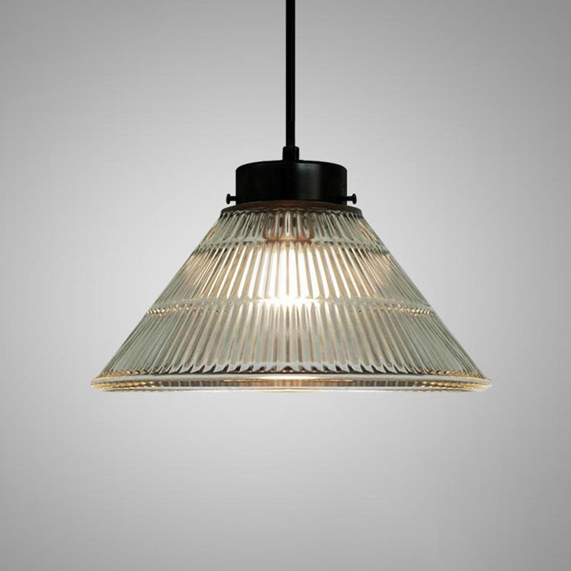 Clear Ribbed Glass Pendant Ceiling Light - Retro Style Tapered Design Ideal For Restaurants 1 Head
