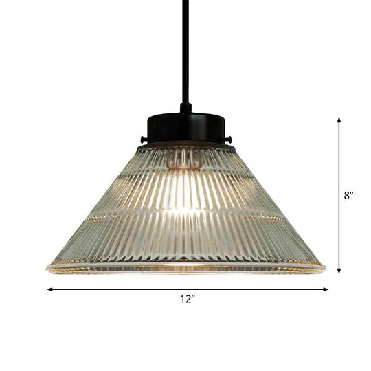 Retro-Style Clear Ribbed Glass Suspension Pendant Light For Restaurants - 1 Head Tapered Design