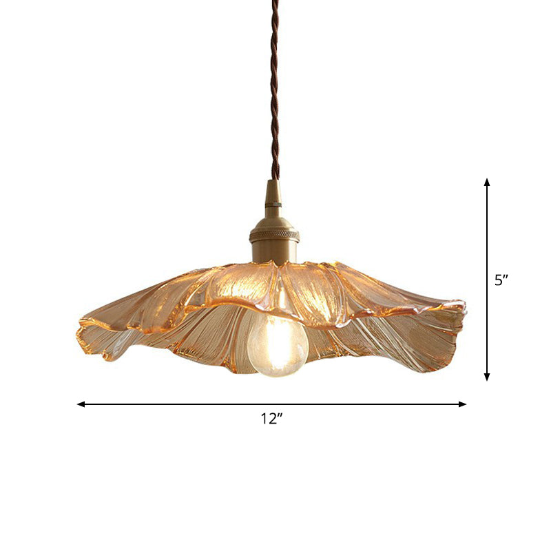 Vintage Floral Glass Pendant Light Fixture For Restaurants - Single Ruffled Design Amber