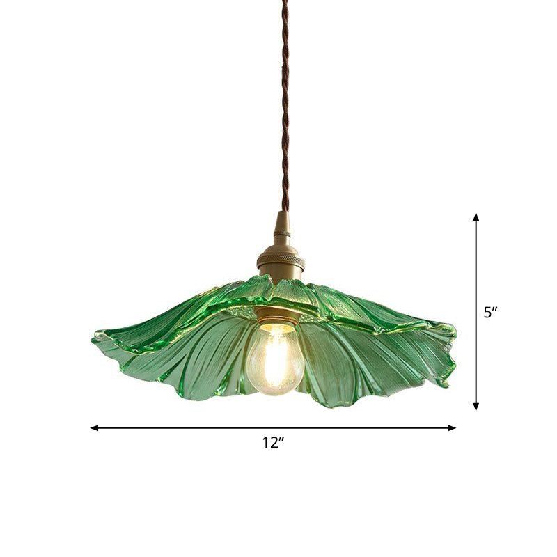 Vintage Floral Glass Pendant Light Fixture For Restaurants - Single Ruffled Design Green