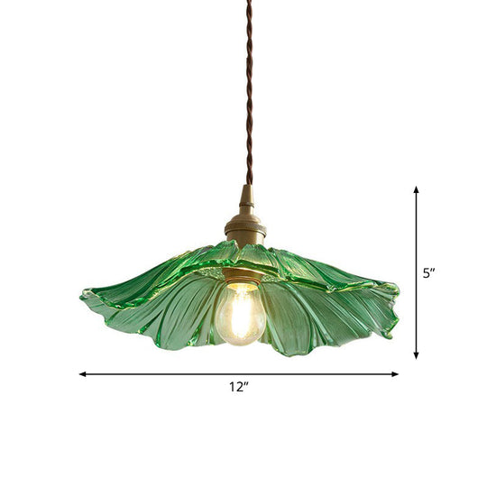 Vintage Floral Glass Pendant Light Fixture For Restaurants - Single Ruffled Design Green