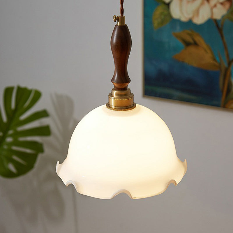 Cream Glass Retro Suspension Light With Ruffle Edge - Perfect For Dining Room