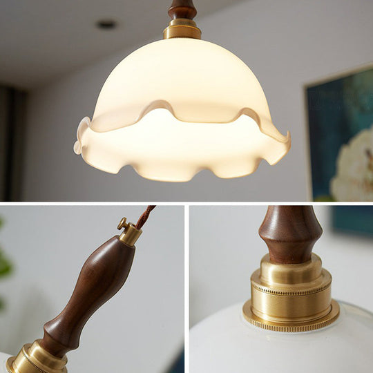 Cream Glass Retro Suspension Light With Ruffle Edge - Perfect For Dining Room