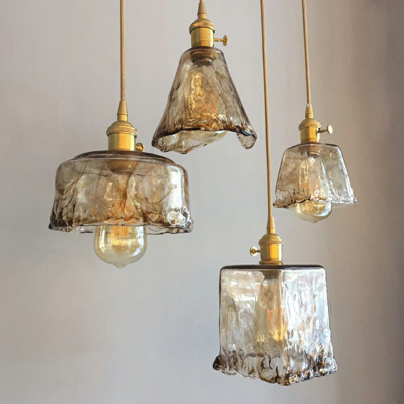 Antique Shaded Pendant Light - 1-Light Brown Glass Hanging In Brass For Dining Room Decor