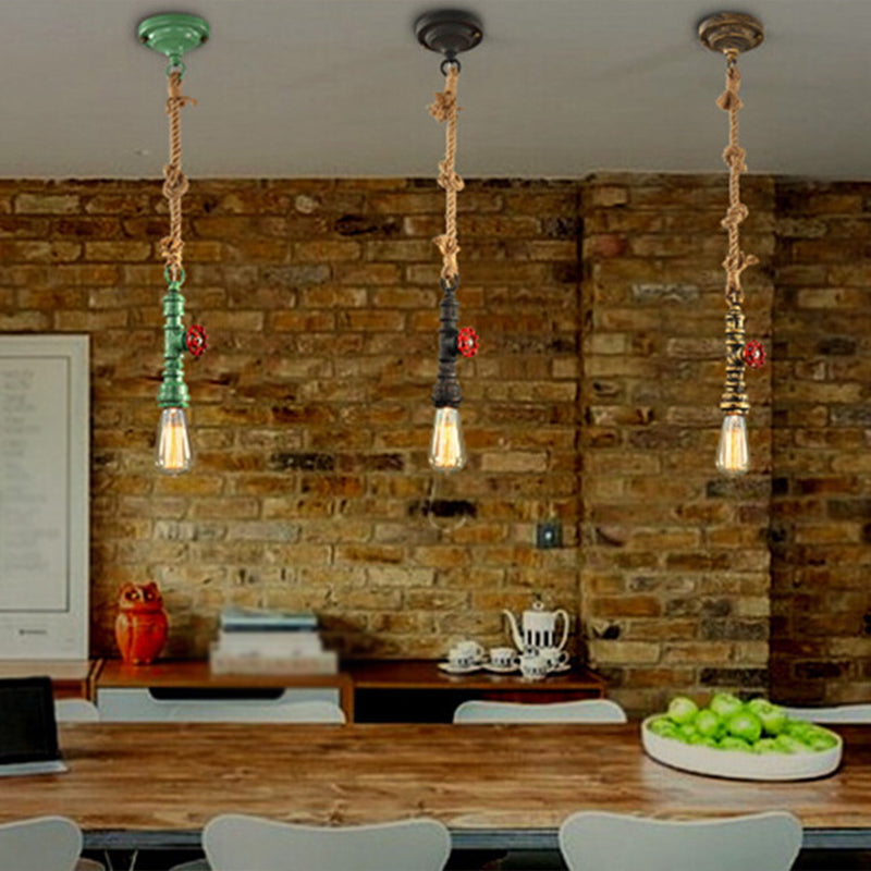 Rustic Country Hanging Lamp With Single-Bulb Iron Pendant Light Fixture - Water Valve And Rope Deco