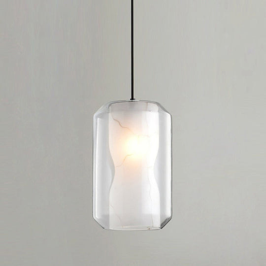 Clear Glass Cylinder Pendant Light With White Marble Shade - 1-Light Dining Room Ceiling Lighting