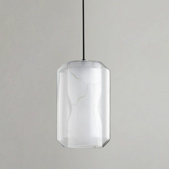 Clear Glass Cylinder Pendant Light With White Marble Shade - 1-Light Dining Room Ceiling Lighting
