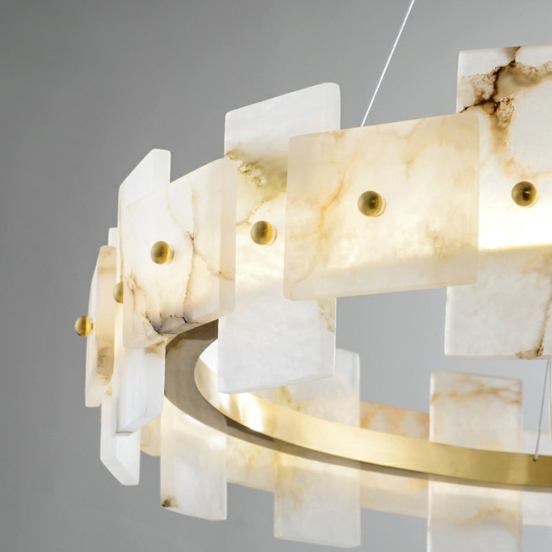 Minimalist Marble Circle Hanging Lamp: White And Brass Led Pendant Light For Dining Room