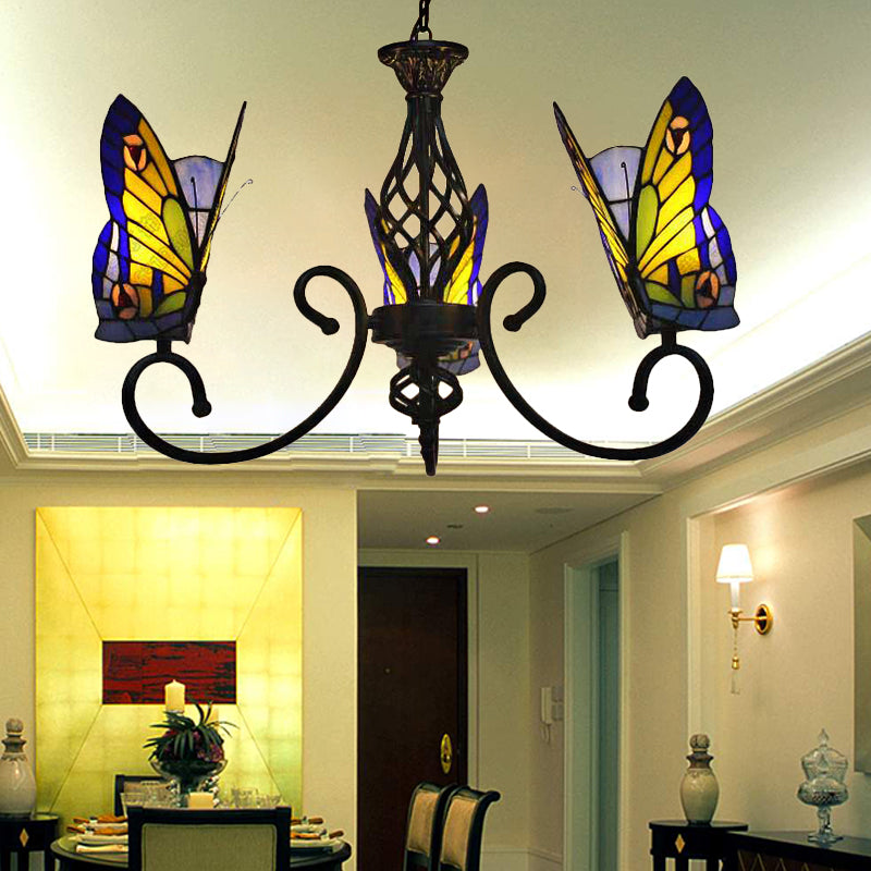 Tiffany Butterfly Chandelier: Exquisite Stained Glass Pendant Light For Dining Room 3 / Blue