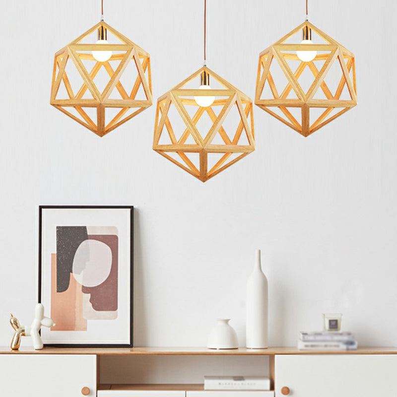 Geometric Wooden Cage Pendant Lamp - Minimalist Single Ceiling Light For Restaurants