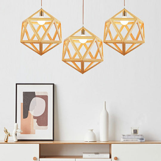 Geometric Wooden Cage Pendant Lamp - Minimalist Single Ceiling Light For Restaurants
