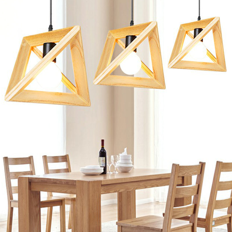 Geometric Wooden Cage Pendant Lamp - Minimalist Single Ceiling Light For Restaurants