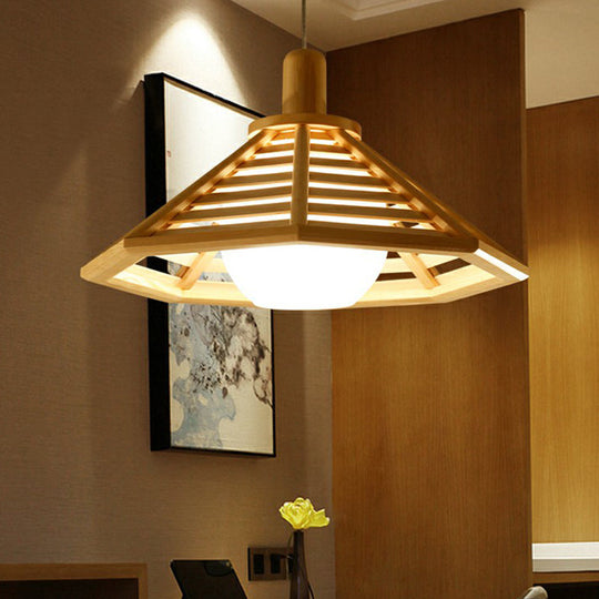 Nordic Wooden Hanging Light With Conical Cage Design - Perfect For Restaurants And Homes
