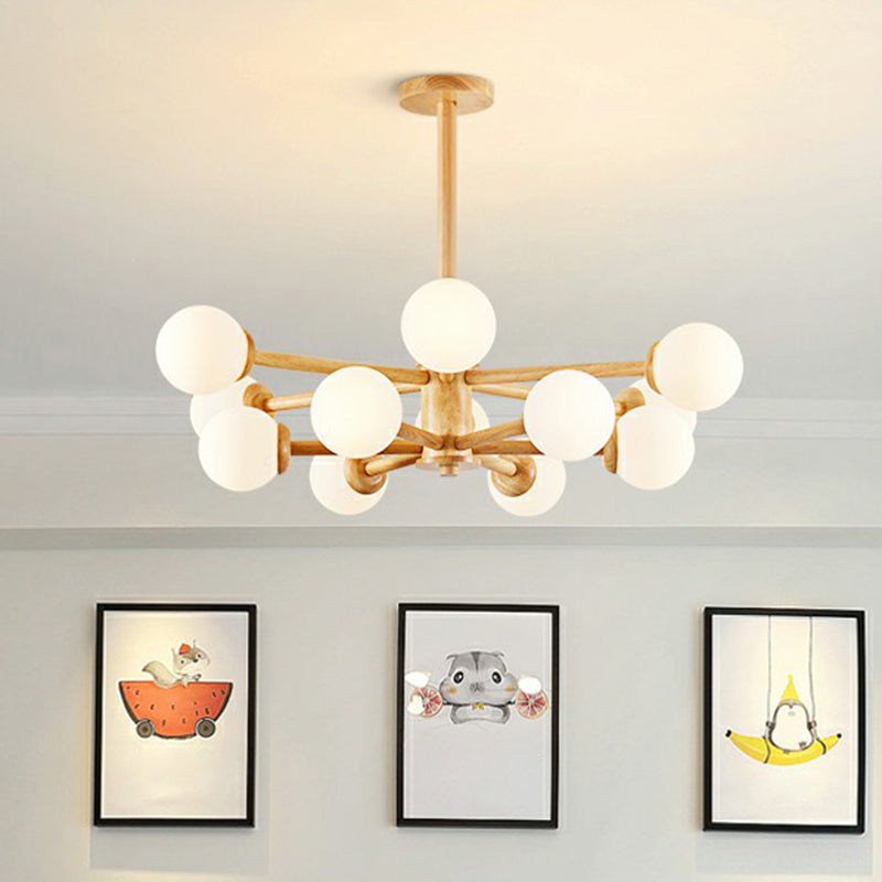 Nordic White Glass Ball Wood Sputnik Chandelier – Stylish Ceiling Pendant Light For Living Room
