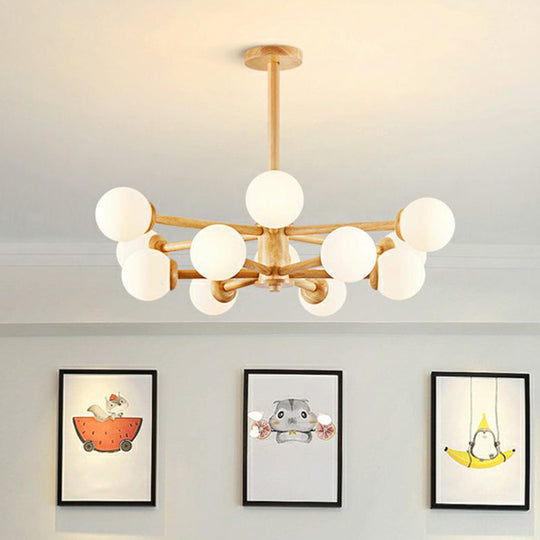 Nordic White Glass Ball Wood Sputnik Chandelier – Stylish Ceiling Pendant Light For Living Room