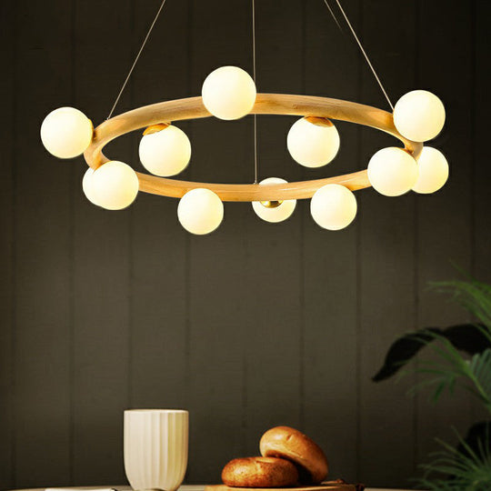 Minimalistic Circular Wood Pendant Chandelier With Beige Hanging Light And White Glass Orb Shade