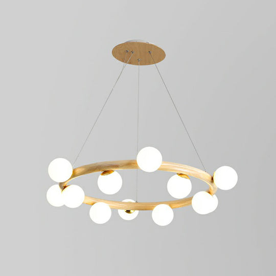 Minimalistic Circular Wood Pendant Chandelier With Beige Hanging Light And White Glass Orb Shade 12