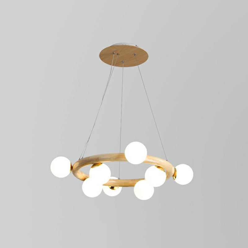 Minimalistic Circular Wood Pendant Chandelier With Beige Hanging Light And White Glass Orb Shade 8 /