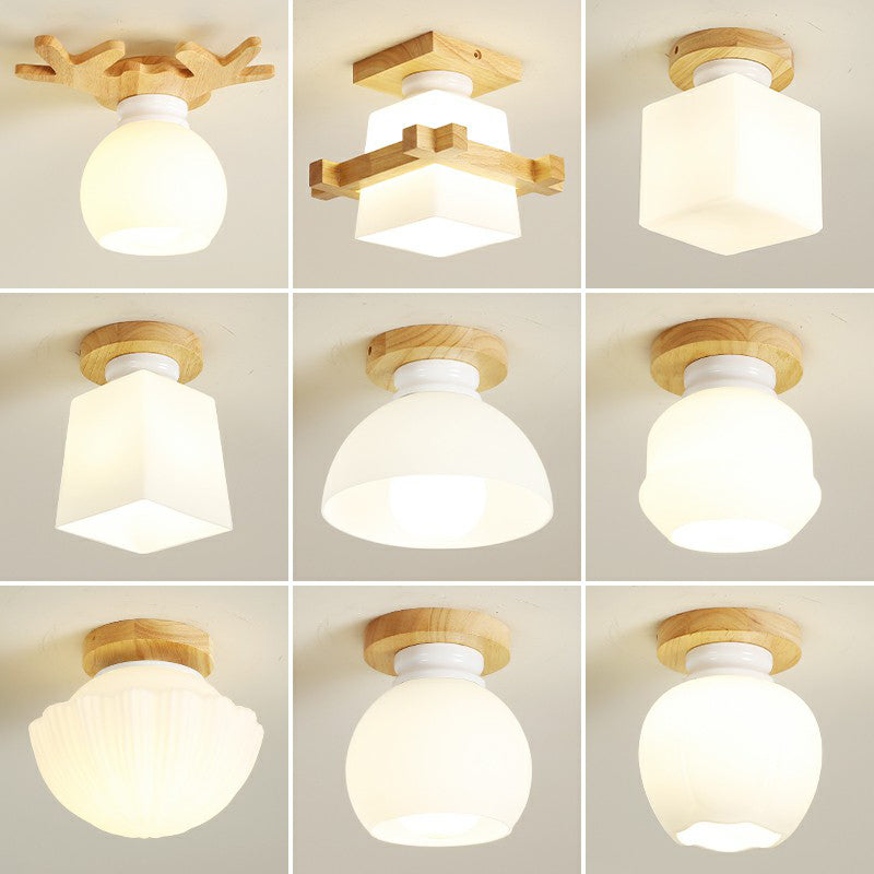 Wooden Nordic Semi Flush Ceiling Light With White Glass - Small Size