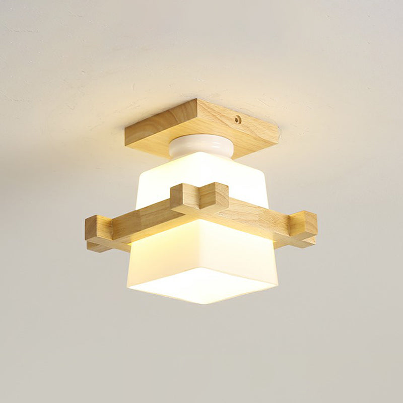 Wooden Nordic Semi Flush Ceiling Light With White Glass - Small Size / F