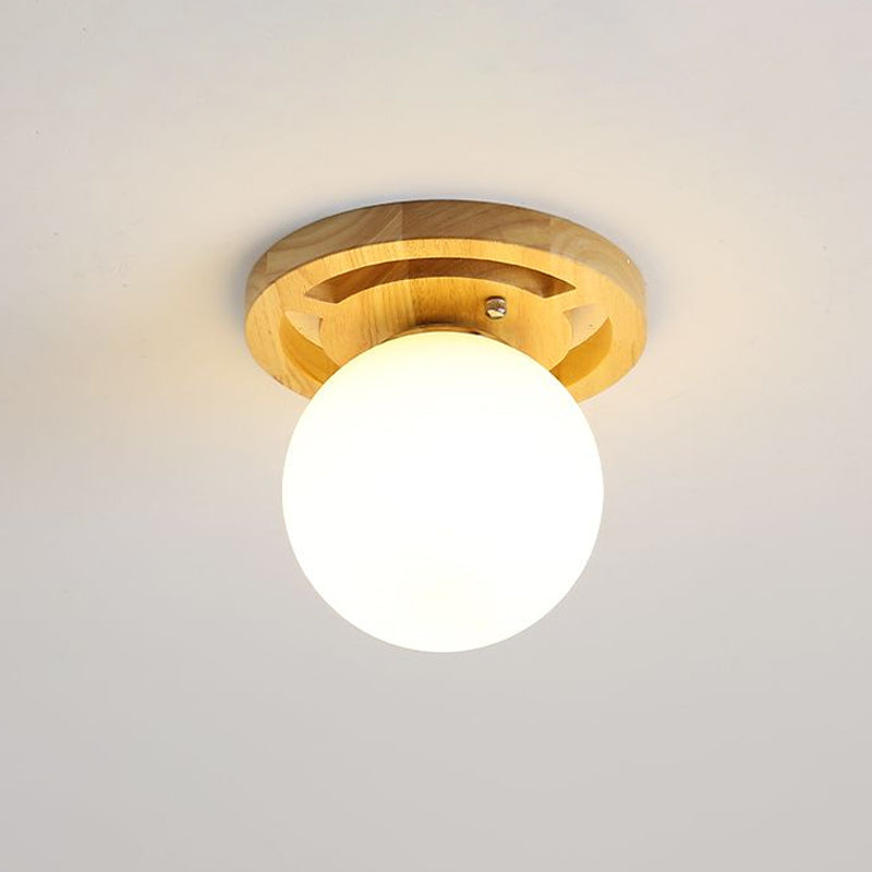 Wooden Nordic Semi Flush Ceiling Light With White Glass - Small Size / E