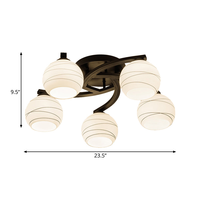 Traditional Ceiling Mount Light: Black Semi Flush With White Glass - Ideal For Corridor (3/5/8