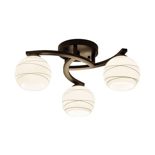 Traditional Ceiling Mount Light: Black Semi Flush With White Glass - Ideal For Corridor (3/5/8