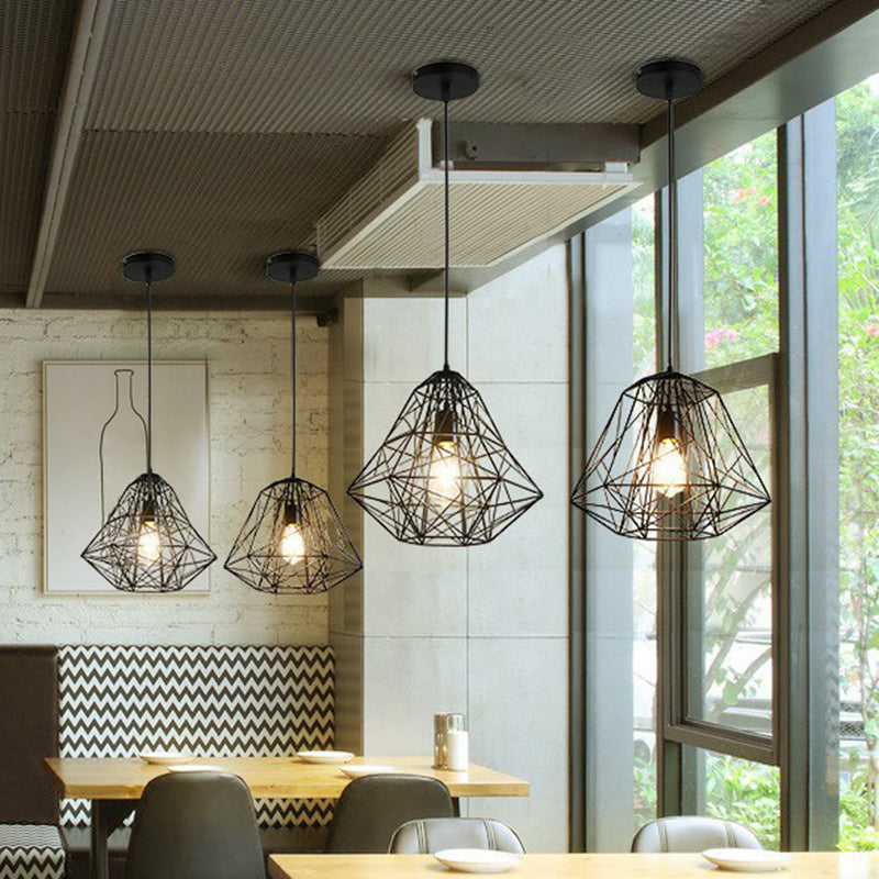 Loft Style Black Iron Wire Diamond Pendant Lamp With 1 Bulb - Restaurant Ceiling Hang Light