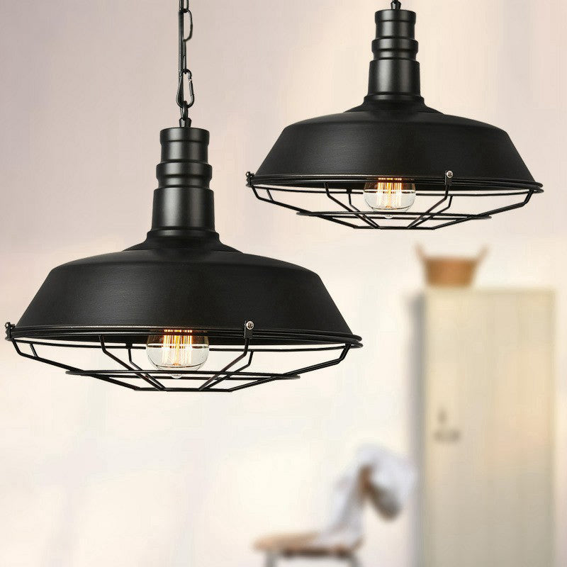 Industrial Barn Metal Suspension Lighting - 1 Head Dining Room Hanging Lamp With Tapered Cage Guard