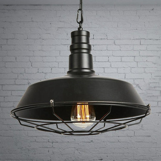 Industrial Barn Metal Suspension Lighting - 1 Head Dining Room Hanging Lamp With Tapered Cage Guard