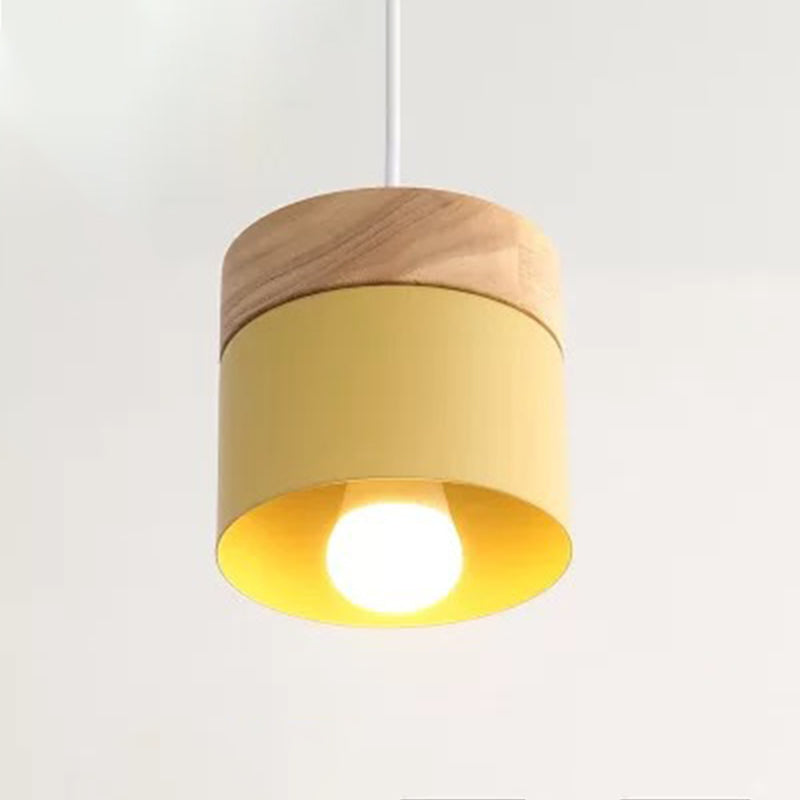 Minimalist Wood Pendant Light Fixture With Cylindrical Metal Lamp Design - Perfect For Table Yellow