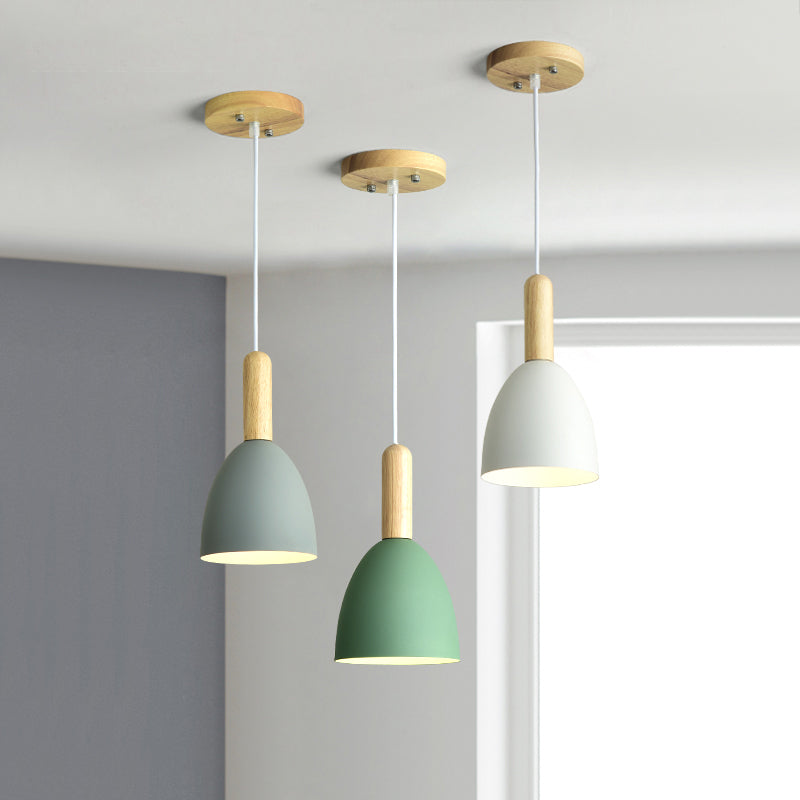 Macaron 1-Head Pendant Light: Metallic Bell Hanging With Wooden Handle