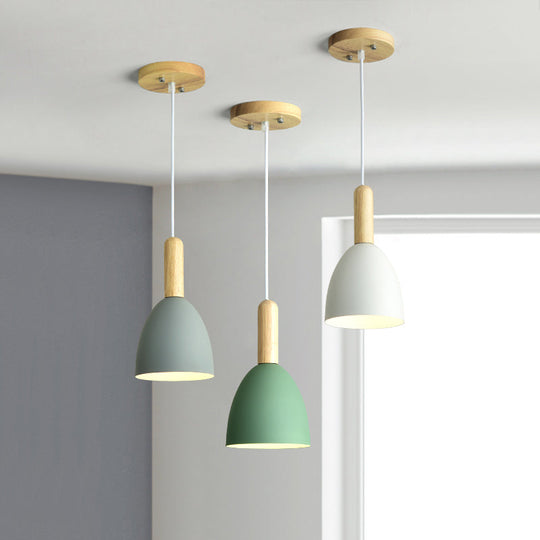 Macaron 1-Head Pendant Light: Metallic Bell Hanging With Wooden Handle